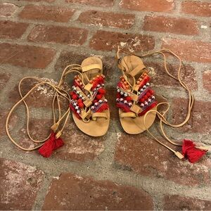 Barbara Barbieri Bohemian Gladiator Colorful Studded Sandals Tassels size 7.5